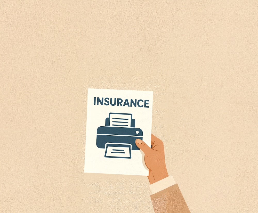 hand holding illustration of printer in front of a tan background